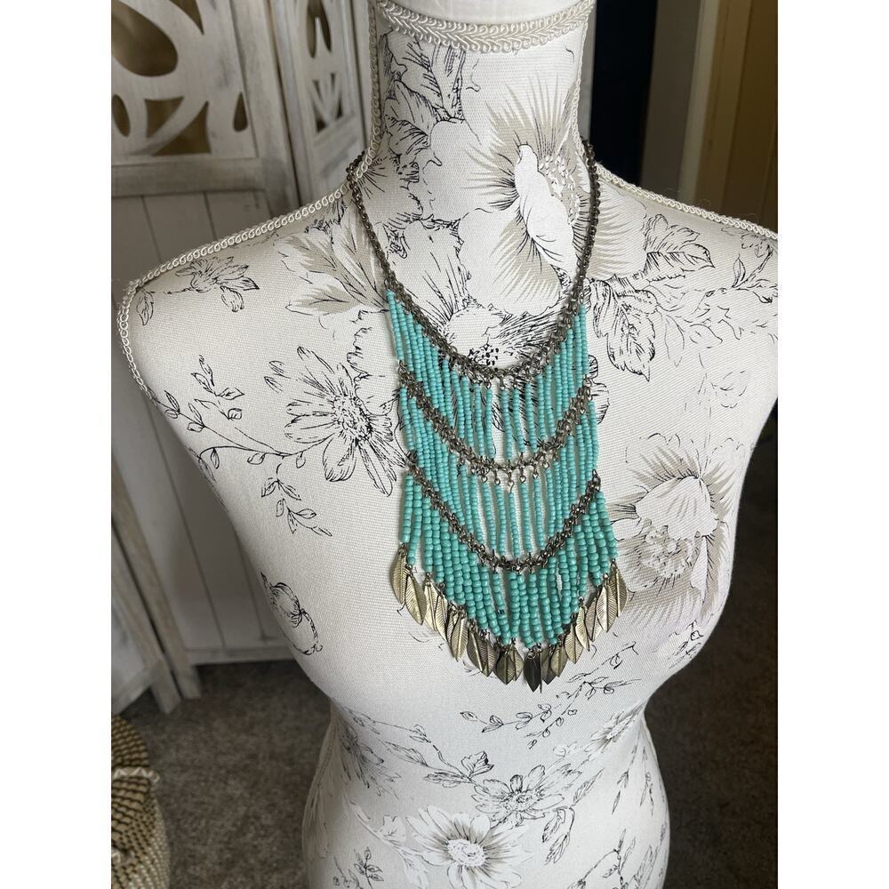 BCBG MAXAZRIA Gold Silver & Cube Beads Turquoise Seed Leaf Fringe Necklace
